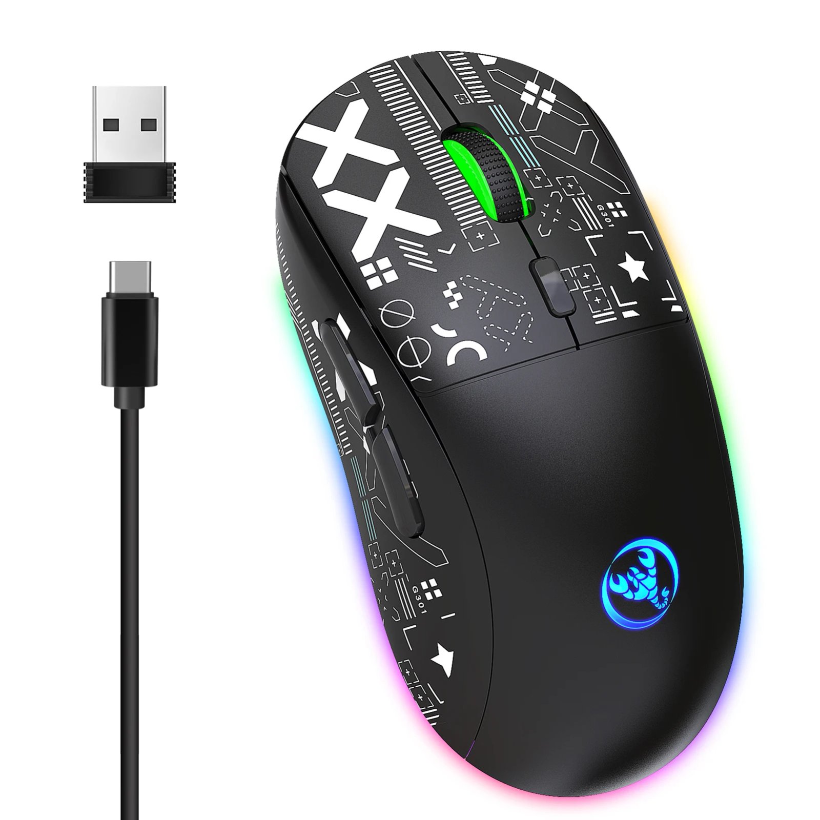 hxsj T90 2.4G Wireless Mechanical Mouse RGB Gaming Mouse Ergonomic 10 Million Keystroke 3600DPI Mouse 11 RGB Lighting Modes Mice