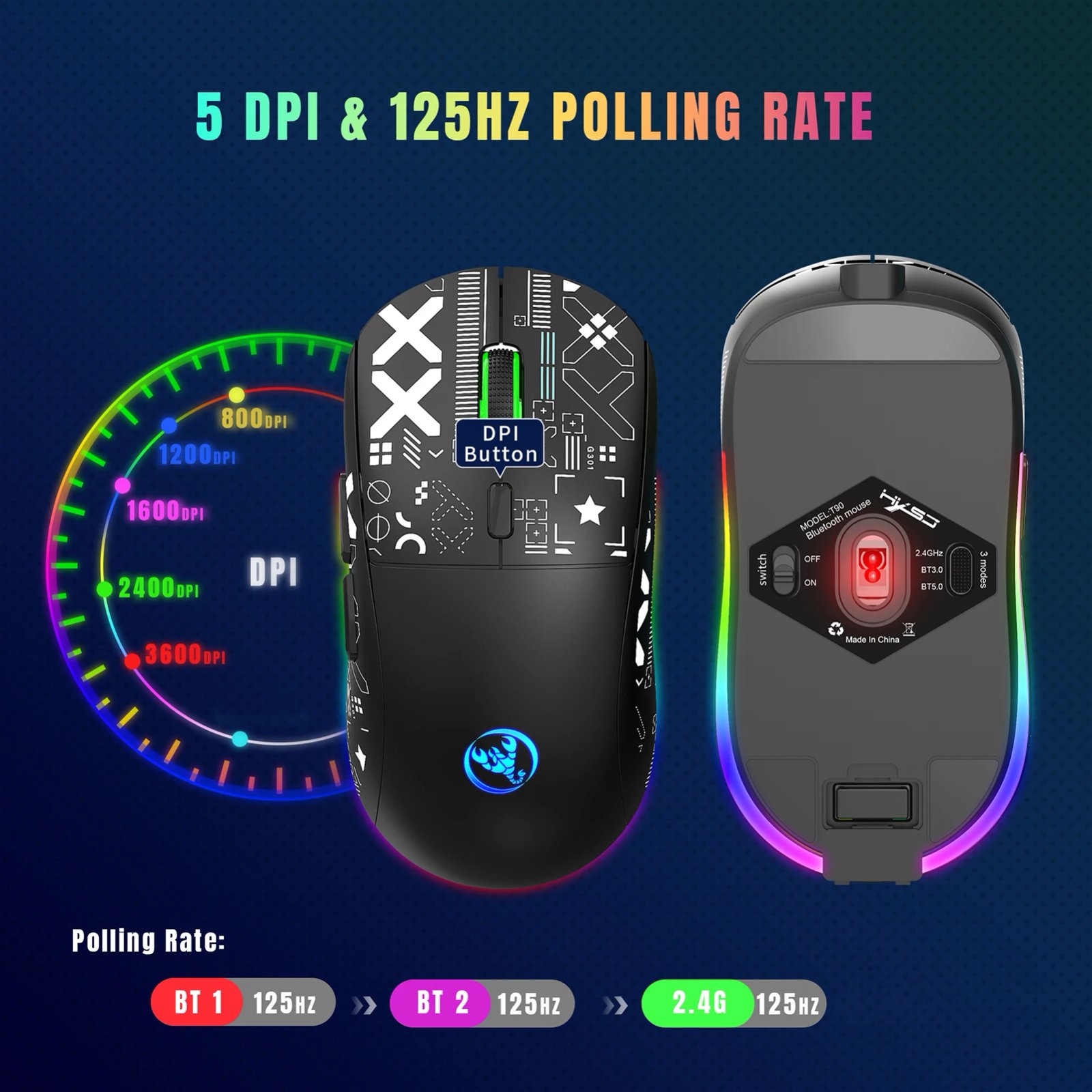 hxsj T90 2.4G Wireless Mechanical Mouse RGB Gaming Mouse Ergonomic 10 Million Keystroke 3600DPI Mouse 11 RGB Lighting Modes Mice