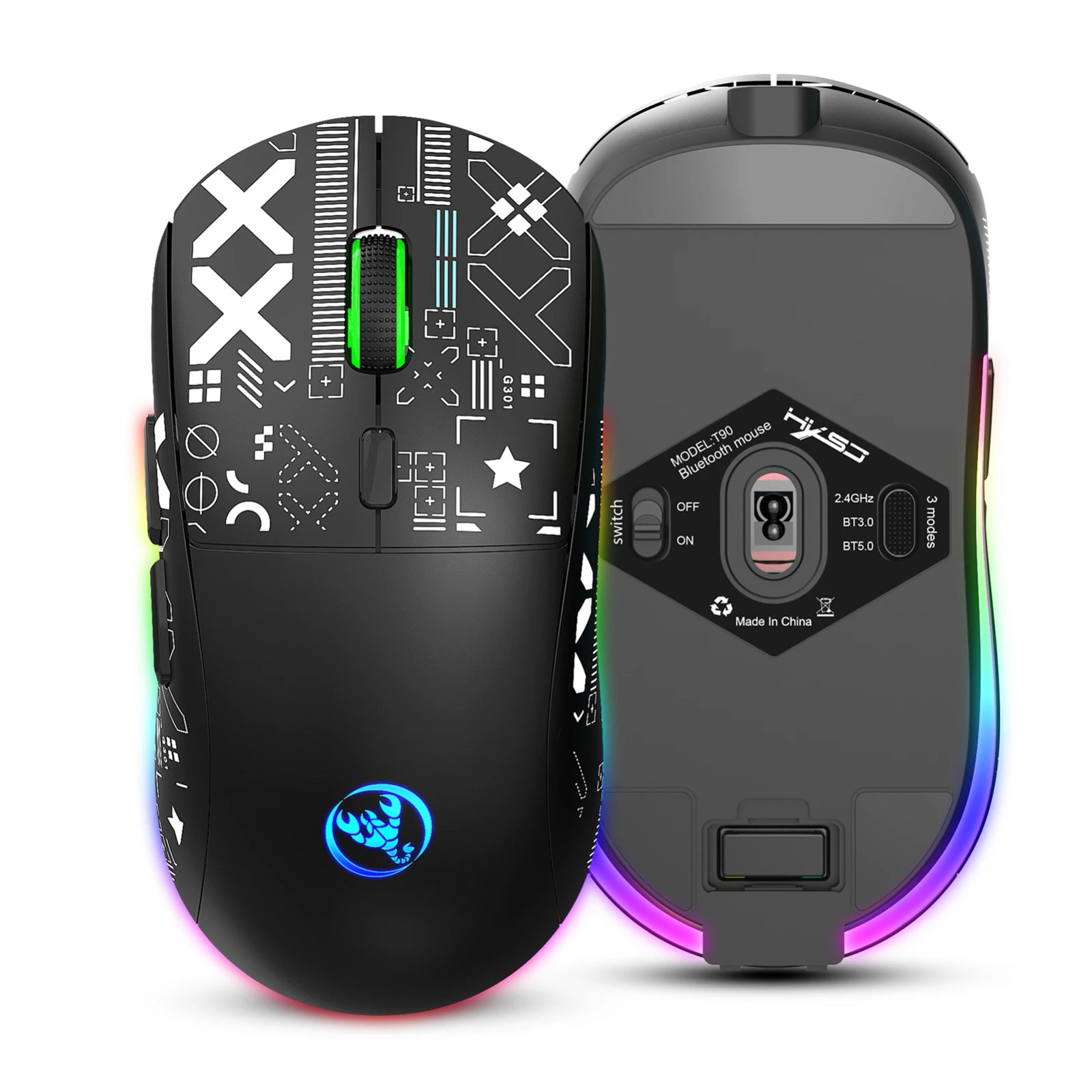 hxsj T90 2.4G Wireless Mechanical Mouse RGB Gaming Mouse Ergonomic 10 Million Keystroke 3600DPI Mouse 11 RGB Lighting Modes Mice