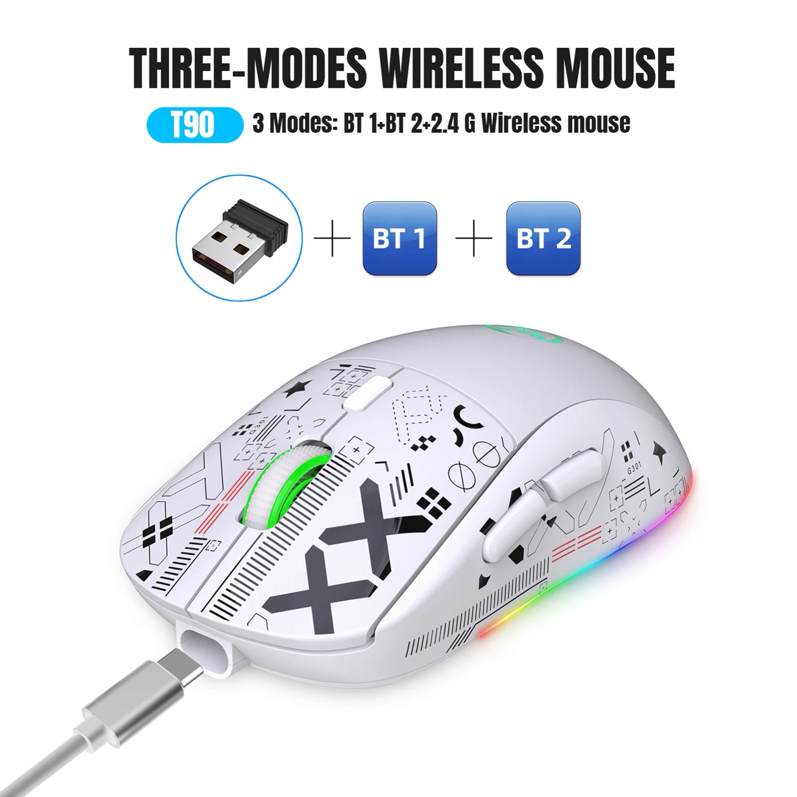 hxsj T90 2.4G Wireless Mechanical Mouse RGB Gaming Mouse Ergonomic 10 Million Keystroke 3600DPI Mouse 11 RGB Lighting Modes Mice