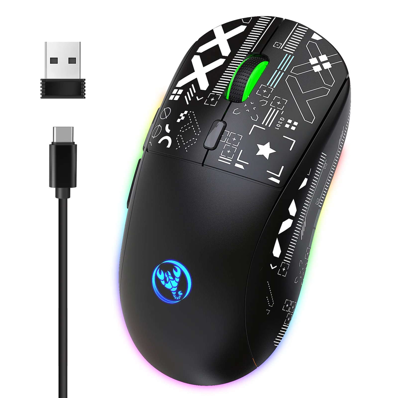 hxsj T90 2.4G Wireless Mechanical Mouse RGB Gaming Mouse Ergonomic 10 Million Keystroke 3600DPI Mouse 11 RGB Lighting Modes Mice