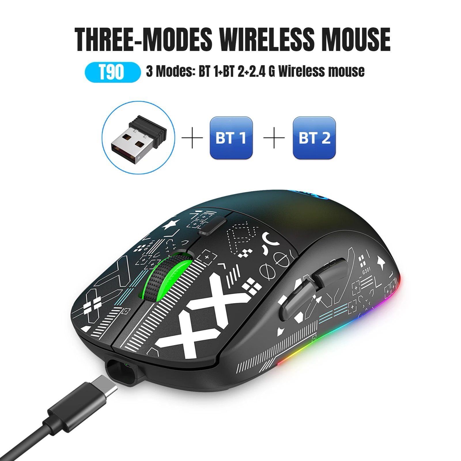 hxsj T90 2.4G Wireless Mechanical Mouse RGB Gaming Mouse Ergonomic 10 Million Keystroke 3600DPI Mouse 11 RGB Lighting Modes Mice