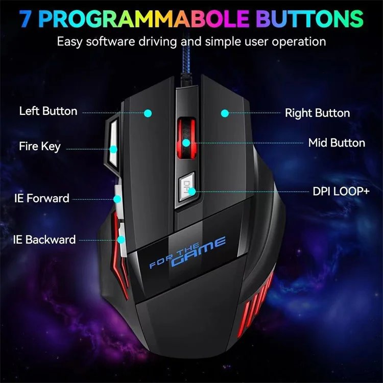 X8 Mechanical Wired Gaming Mouse  7 Keys Wired Ergonomic Mouse RGB Backlit Glowing USB 800/1200/ 1600/ 3200 Dpi Gaming Mouse