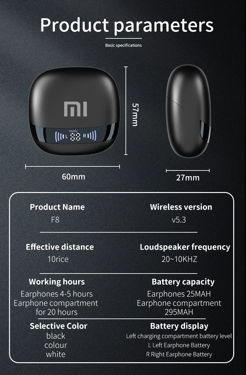 Original XIAOMI F8 Wireless Headphones Bluetooth Headset Charging Earbuds Noise Reduction Earphones Led Display Sport With Mic