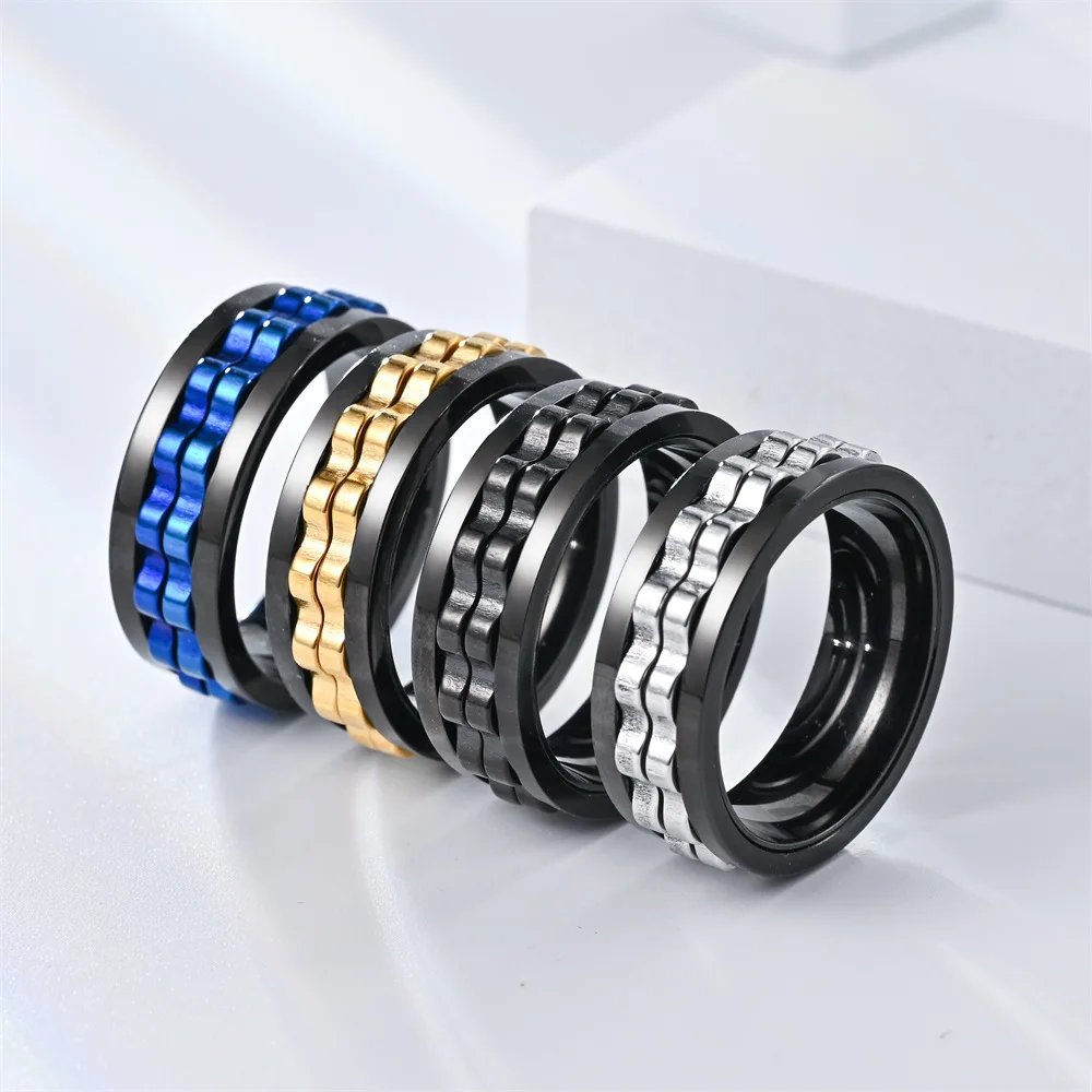 Anti Stress Stainless Steel Ring For Men Gear Chain Rotating Anxiety Relief Spinning Fidget Rings Punk Jewelry Bague Homme