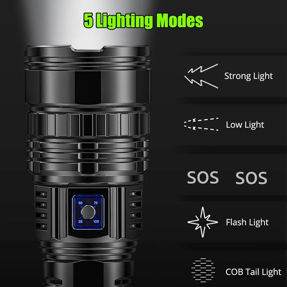 10000LM 800W Most Powerful Led Flashlights Tactical 15000mah Built-in Battery Flash Light Emergency Spotlights 4km Holiday Gifts