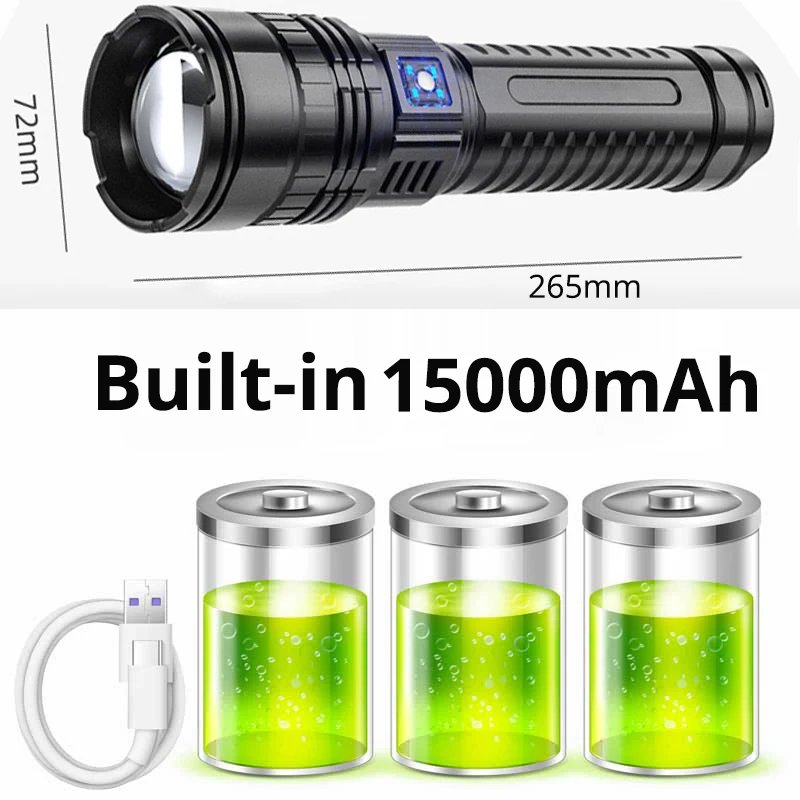 10000LM 800W Most Powerful Led Flashlights Tactical 15000mah Built-in Battery Flash Light Emergency Spotlights 4km Holiday Gifts