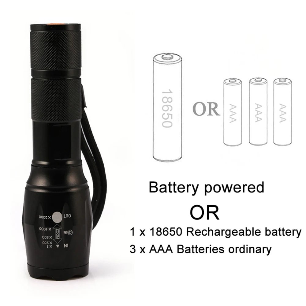 High Power Led Flashlights Camping Torch 5 Lighting Modes Aluminum Alloy Zoomable Light Waterproof Material Use 3 AAA Batteries