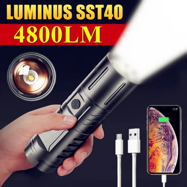 Built-in 3*18650 battery 5000 mAh Led zoom Flashlight SST40 High Power Flash Light Torch 4800lm Camping Tactical Work Lamp