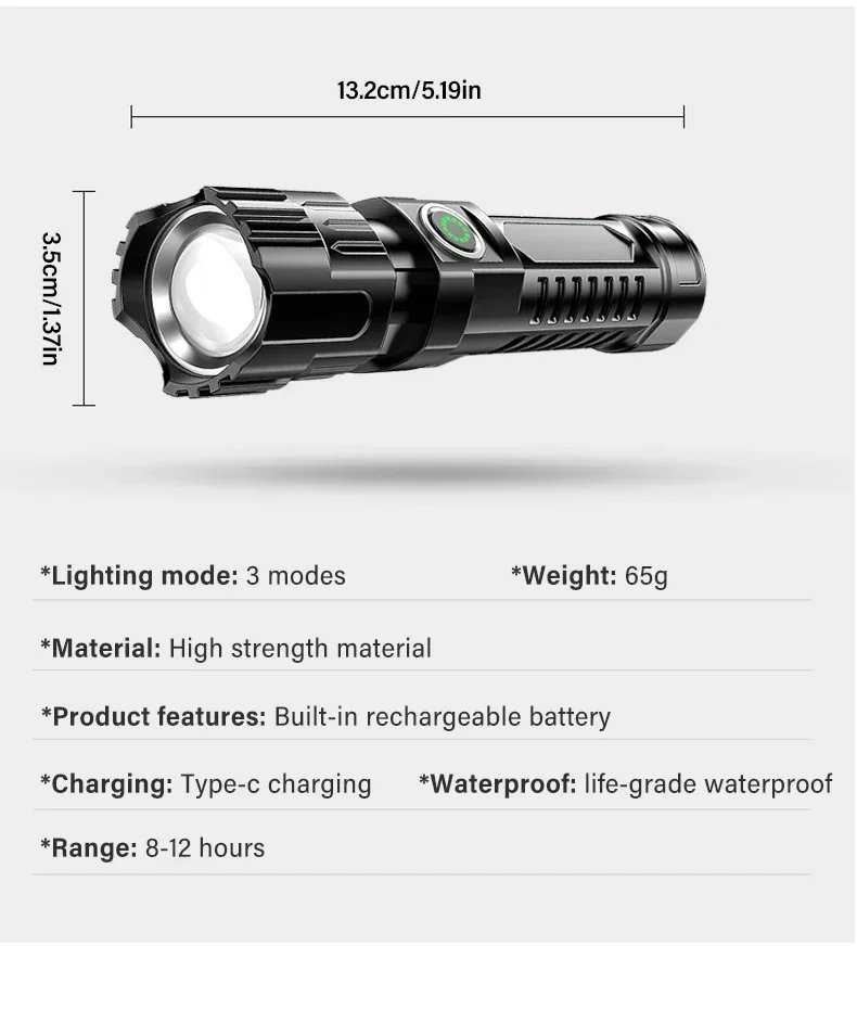 High Power P50 LED Flashlight Zoom Tactical Torch Built-in Battery USB Rechargeable Waterproof Lamp Ultra Bright Lantern