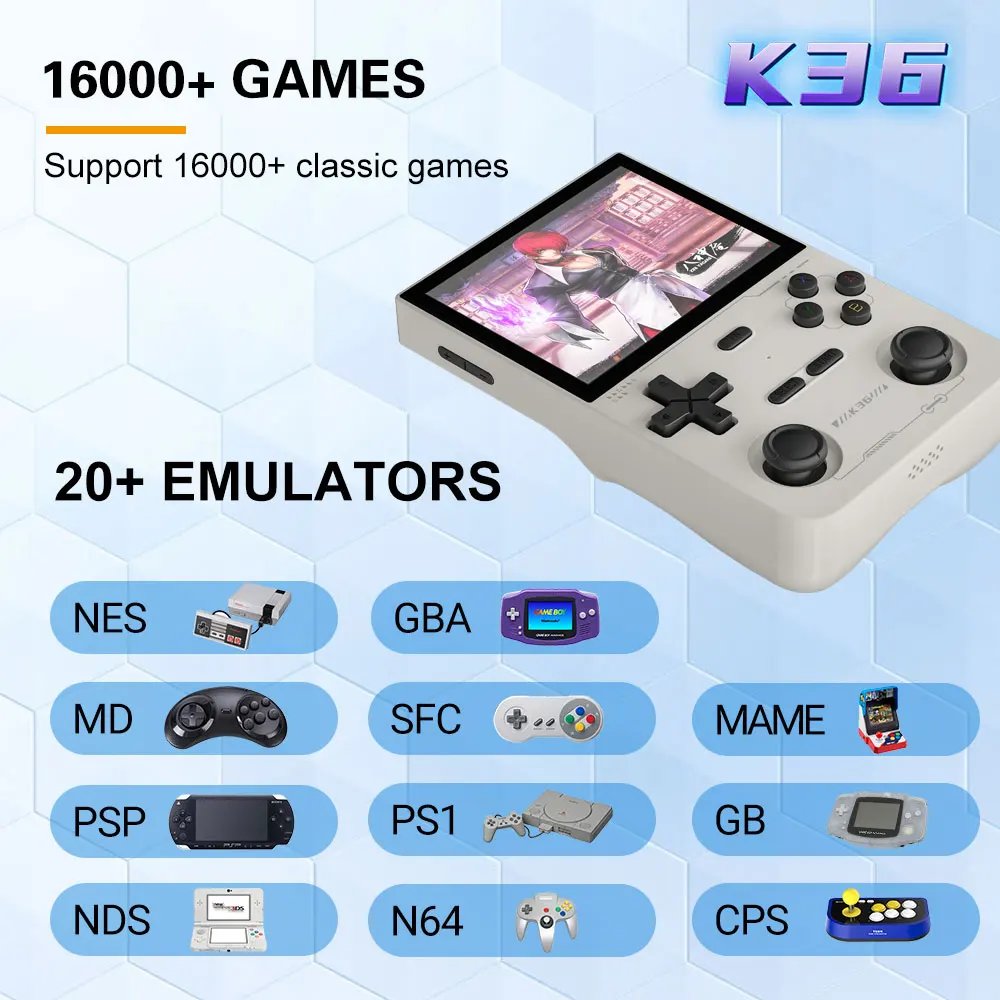 K36 Retro Handheld Video Game Console RK3326 Linux OS 16000 Games Emulator for PS1/PSP/DC/N64/SS 500nit 3.5 Inch IPS Screen R36S