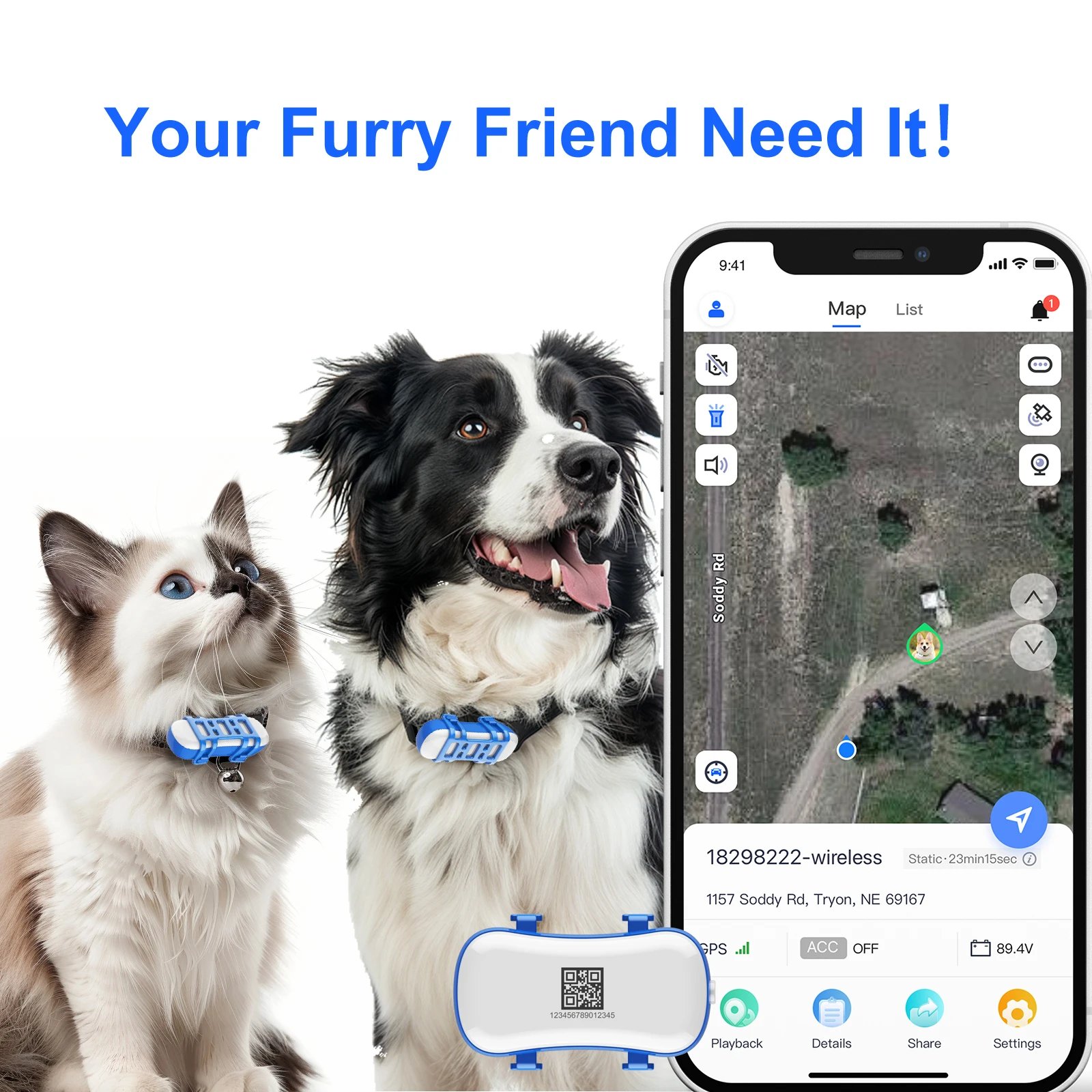 Smart Waterproof GPS Tracker for Dogs and Cats with Beep Sound, Light, Optional Collar and Low Service Fee for Safe Tracking