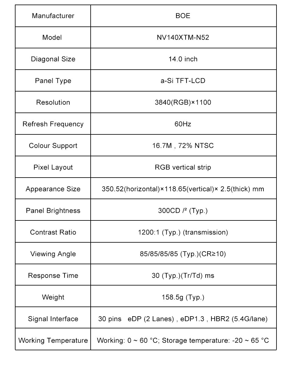 BOE 14 inch long screen 3840×1100 strip screen LCD Display 4K ADS Screen NV140XTM-N52 NV140XTM eDP 30 Pins