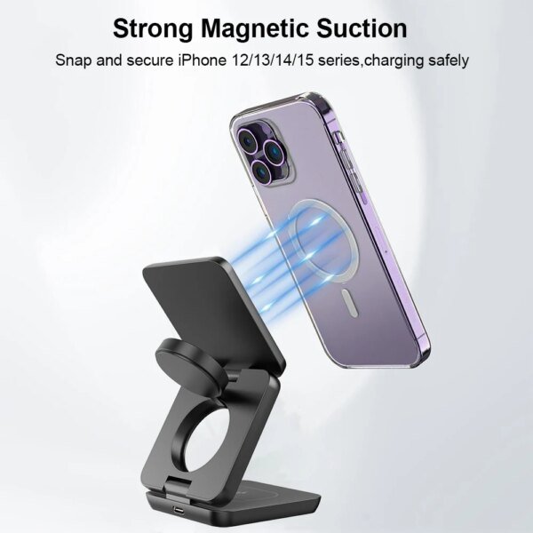 Wireless Charger 3 in 1 Foldable Magnetic Wireless Charging Station for iPhone 15 14 13 12 Pro Max Apple Watch 8 9 Charger - Image 3