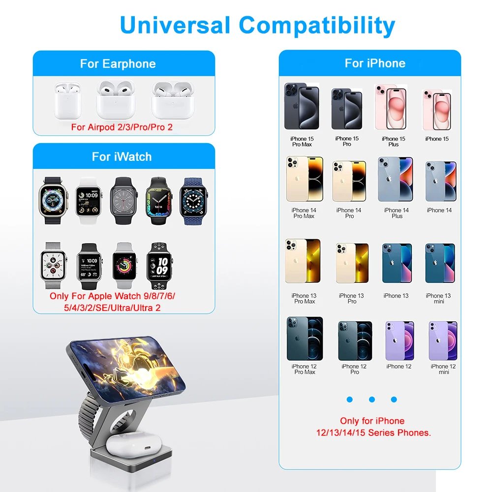 Wireless Charger 3 in 1 Foldable Magnetic Wireless Charging Station for iPhone 15 14 13 12 Pro Max Apple Watch 8 9 Charger