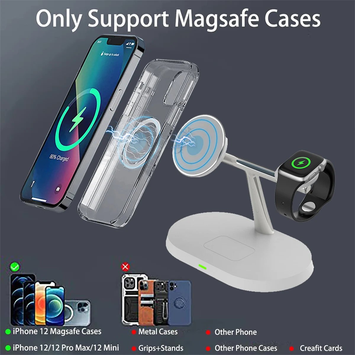 40W 3in1 Wireless Charger Stand Magnetic For iPhone 12 13 14 15 Fast Charging Station for Apple Watch 9 8 7 6 5 Airpods 2 3 Pro