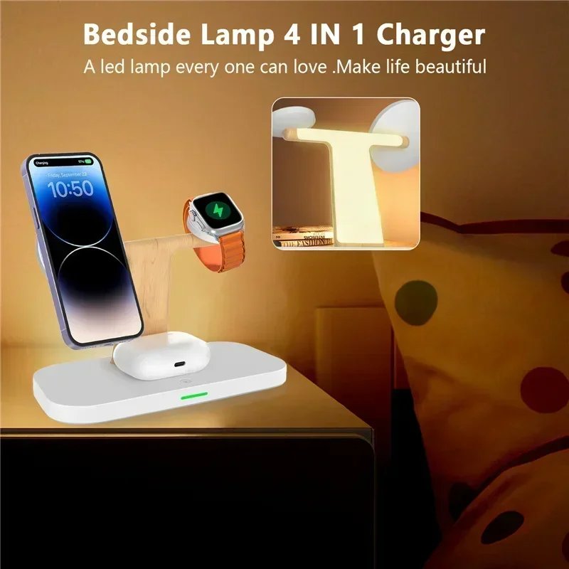 4 in 1 Magnetic Wireless Charger Stand for iPhone 16 15 14 13 Pro Max Apple Watch 1-9 AirPods Fast Charging Station Phone Holder