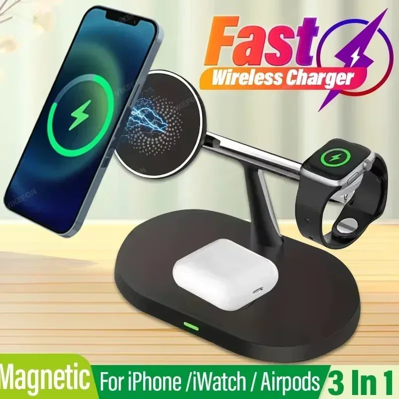 4 in 1 Magnetic Wireless Charger Stand for iPhone 16 15 14 13 Pro Max Apple Watch 1-9 AirPods Fast Charging Station Phone Holder