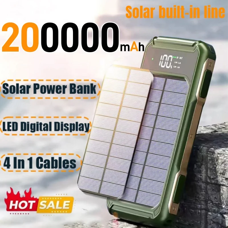 500000mAh Large Capacity Solar Power Bank 4 in 1 Built in Cable Fastcharge Mobile Power Battery LED Light iPhone Samsung Xiaomi