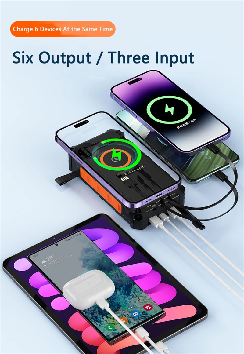 Hand Crank Solar Power Bank 20000mAh with 4 Solar Panel Wireless Charger Powerbank for iPhone 15 Huawei Xiaomi Samsung Poverbank