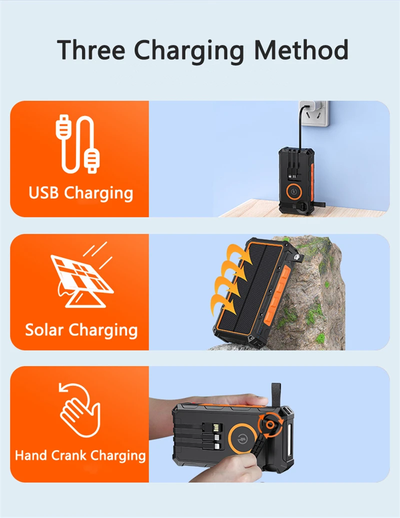 Hand Crank Solar Power Bank 20000mAh with 4 Solar Panel Wireless Charger Powerbank for iPhone 15 Huawei Xiaomi Samsung Poverbank