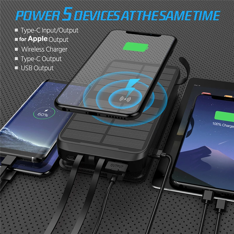 Waterproof Solar Power Bank 43800mAh Fast Wireless Charger for iPhone 15 14 Samsung Huawei Xiaomi PD 20W Fast Charging Powerbank