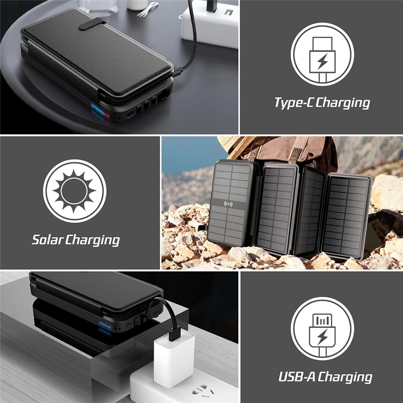 Waterproof Solar Power Bank 43800mAh Fast Wireless Charger for iPhone 15 14 Samsung Huawei Xiaomi PD 20W Fast Charging Powerbank