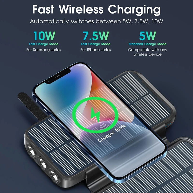 Waterproof Solar Power Bank 43800mAh Fast Wireless Charger for iPhone 15 14 Samsung Huawei Xiaomi PD 20W Fast Charging Powerbank