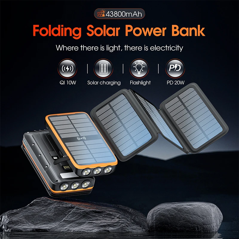 Waterproof Solar Power Bank 43800mAh Fast Wireless Charger for iPhone 15 14 Samsung Huawei Xiaomi PD 20W Fast Charging Powerbank