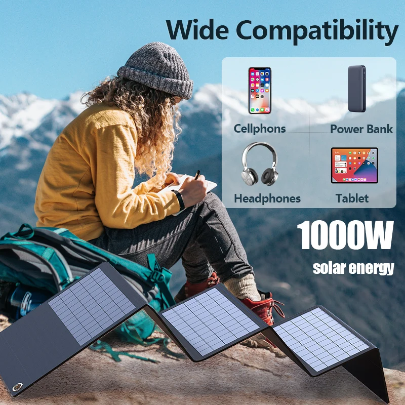1000W Solar Panel Portable Folding Bag USB+DC Output Solar Charger Outdoor Power Supply for Home Mobile Phone Power Generator