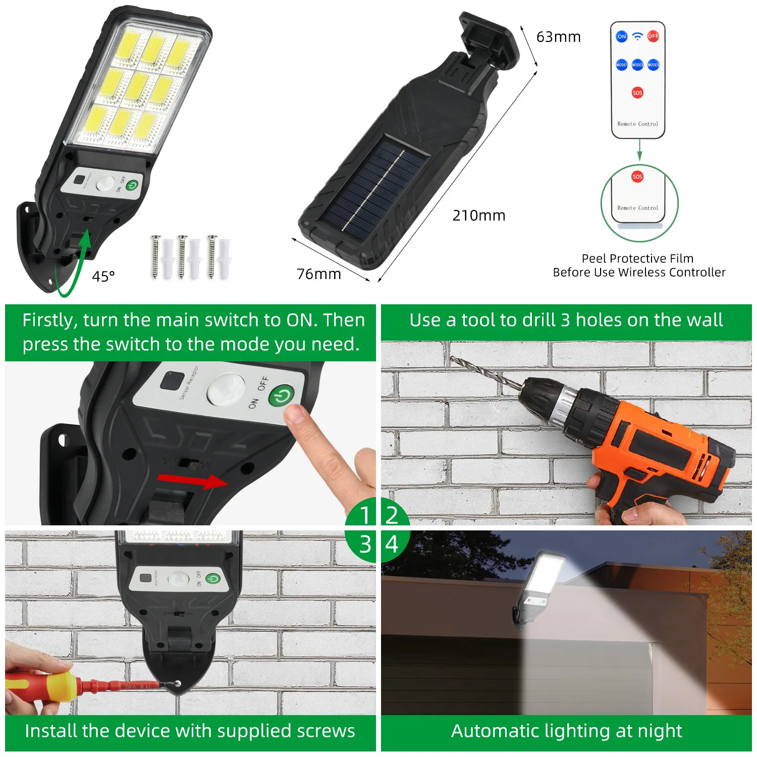 Powerful LED Solar Outdoor Led Courtyard Wall Lamp 3 Modes Human Body Induction Garden Terrace Garage Door Street Lighting