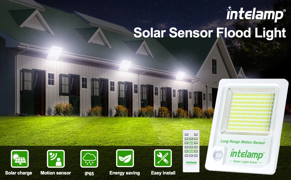 intelamp Solar Light Outdoor, Solar Motion Sensor Flood Security Lights with Remote Control Powered Outdoor Wall Light Solar Dus