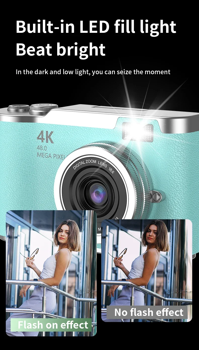 4K CCD 8X Digital Zoom Digital Camera for Student 48MP Compact Digital Photography Camera 180°Flip Screen Selfile Camera RENEAR