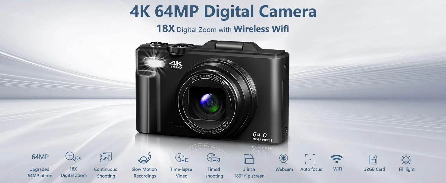 4K compact digital photography camera, 18x digital zoom, vintage vlog video recorder for YouTube, 180° flip screen, WiFi webcam