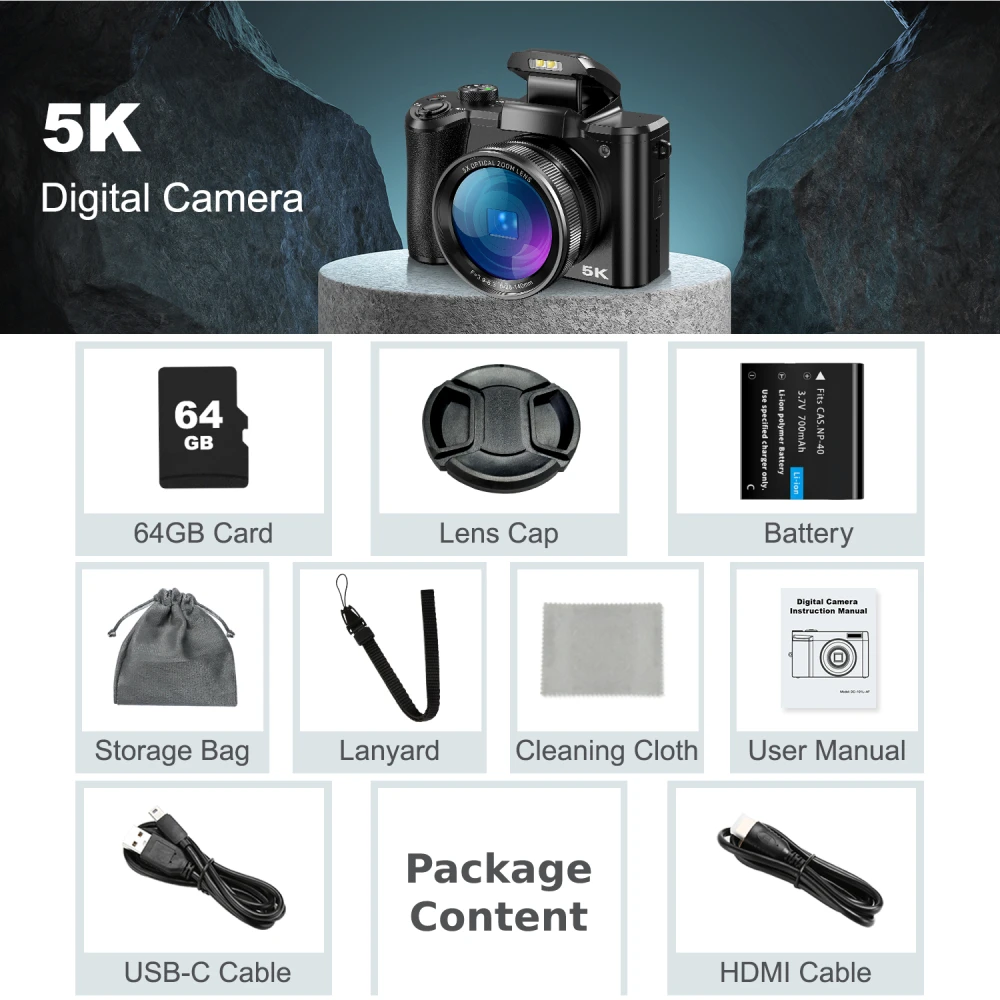5K Digital Camera for Photography, 64MP Touch Screen Autofocus Vlogging Camera with Selfie Lens, 5X Optical Zoom, 64GB SD Card