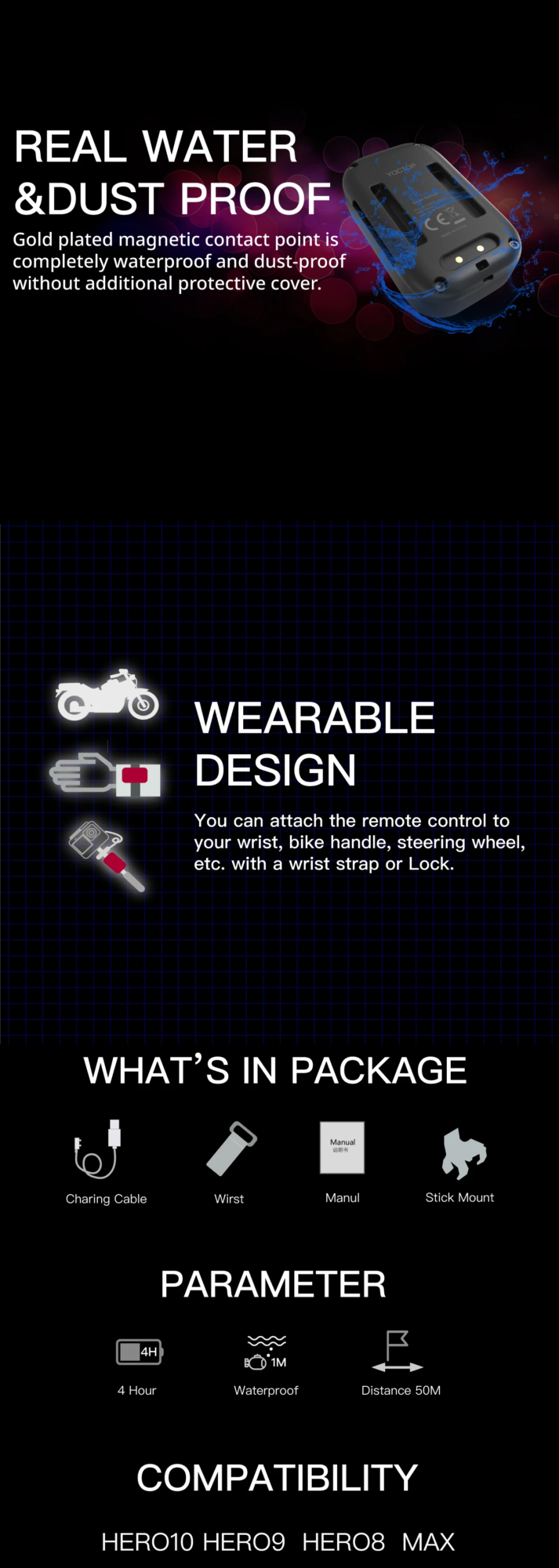 Remote Control for GoPro Hero13 12 11 10 9 8 Max with Stick Mount and Wrist YOCTOP Bluetooth Smart Remote compatible with Remote Control for GoPro Hero13 12 11 10 9 8 Max with Stick Mount and Wrist YOCTOP Bluetooth Smart Remote compatible with