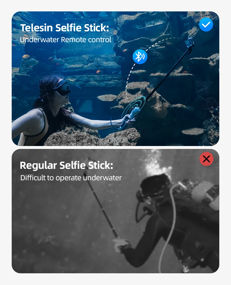 TELESIN Underwater Selfie Stick Waterproof Diving Extendable Selfie Stick Wireless Remote Control For Gopro Hero 8 9 10 11 12 13