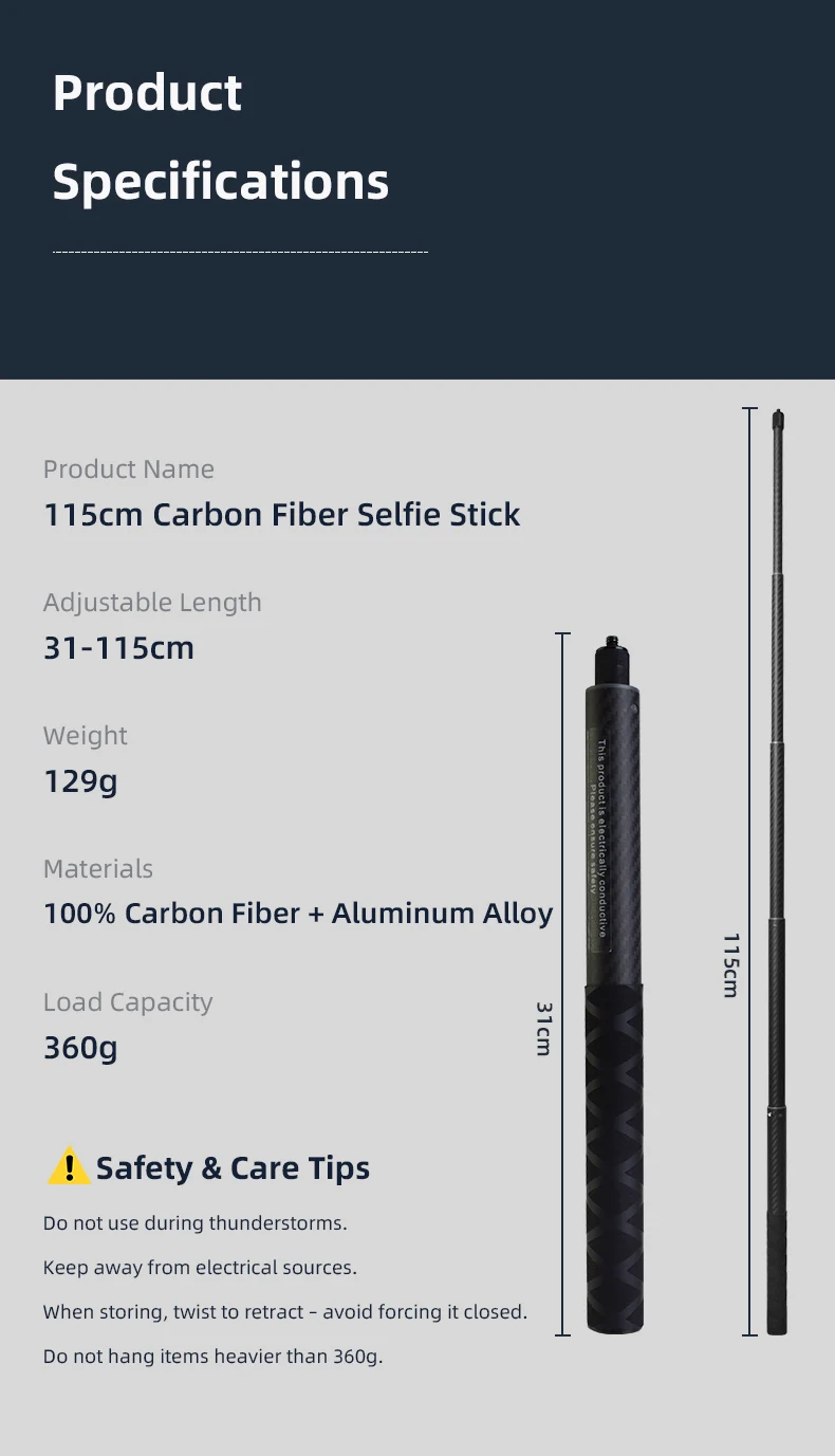 115cm Carbon Fiber Selfie Stick Invisible Extension Pole Wand Rotated Twist Lock For Insta 360 X4 X3 ONE X2 GoPro Accessories