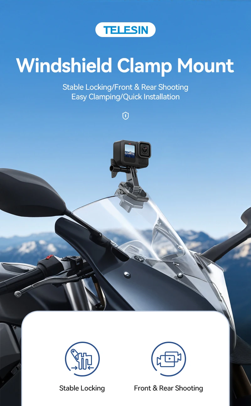 TELESIN Action Camera Motorcycle Windshield Clamp Mount Holder For Gopro Insta360 DJI Action Camera Accessories POV Shoot