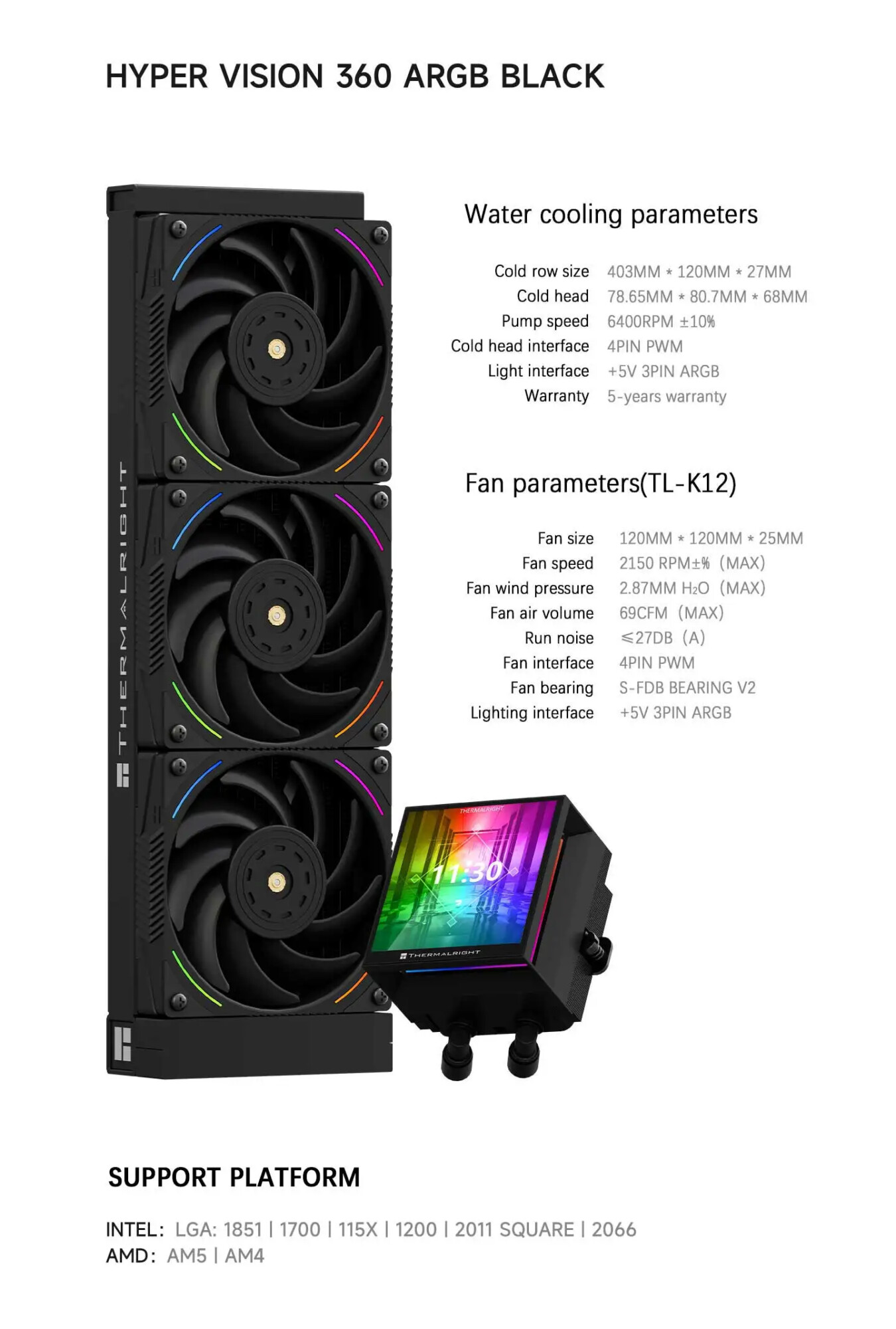 Thermalright Mjolnir Vision 360 ARGB BLACK CPU Water Cooler with LCD Screen Liquid Cooler for AM4 AM5 Intel LGA1851/115X/2011