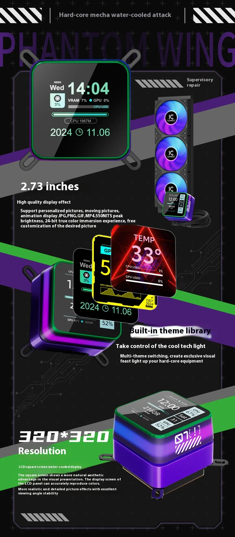 X-GAMERX S360 White/Black ARGB All-In-One LCD SCREEN AIO LIQUID COOLE Water Cooling Radiator 5V 3PIN ARGB Fan CPU Liquid Cooler