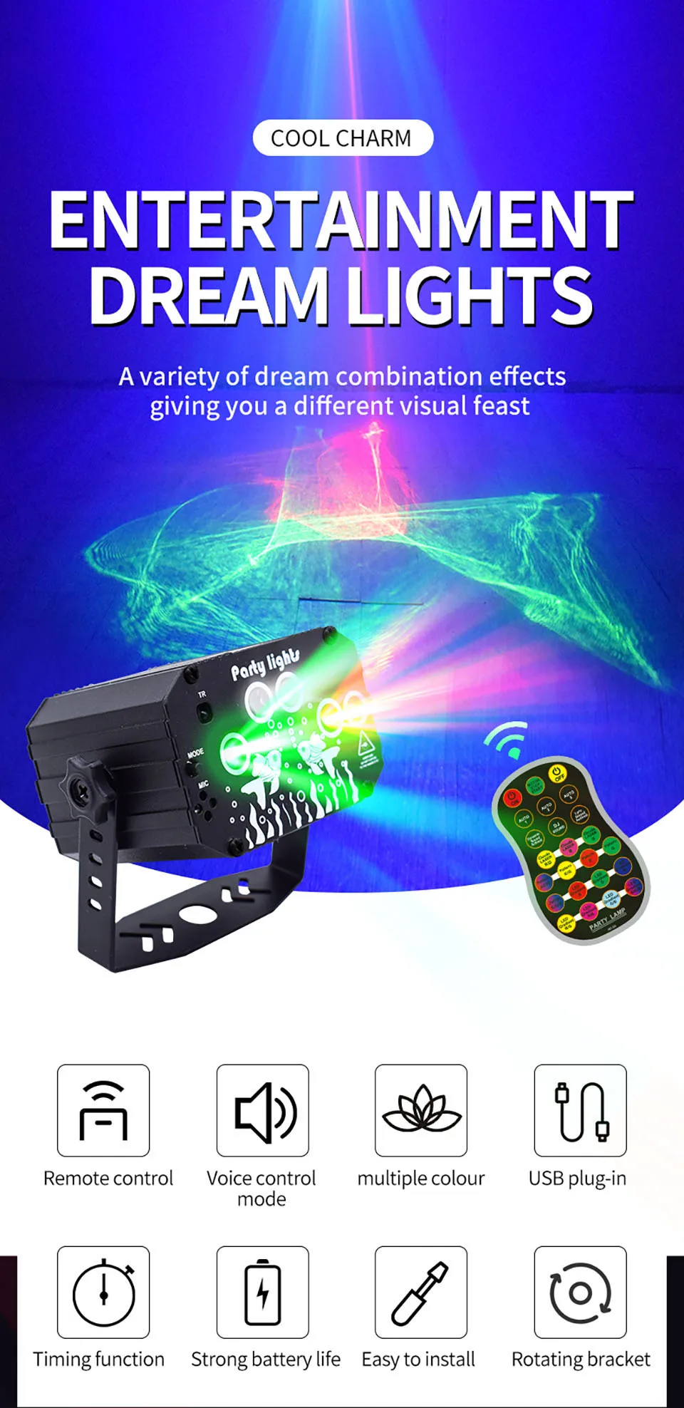 R&G Laser Dream Aurora 60 Pattern Projector DJ Disco Light Party RGB LED Bar Dance Room Birthday Stage Effect USB Remote Control