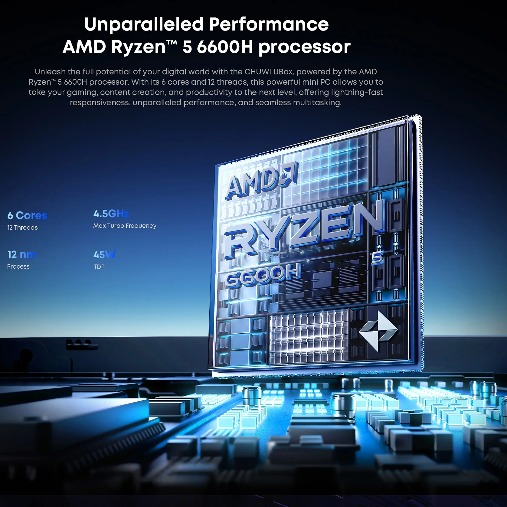 CHUWI UBox Mini PC AMD Ryzen 5 6600H 16GB DDR5 512GB SSD Windows 11 Pro 4K 144Hz Decording WiFi 6 BT 5.2 Extend M.2 1T*2 650g