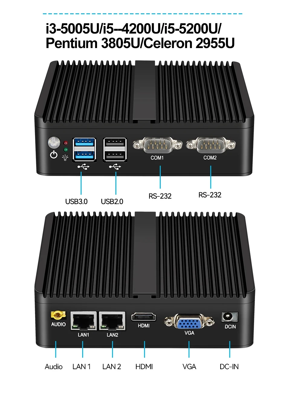 XCY Fanless Mini PC Intel Celeron J6412 J4125 2x GbE LAN 2x RS232 HDMI VGA WiFi 4G LTE Windows 10 Linux Industrial Computer