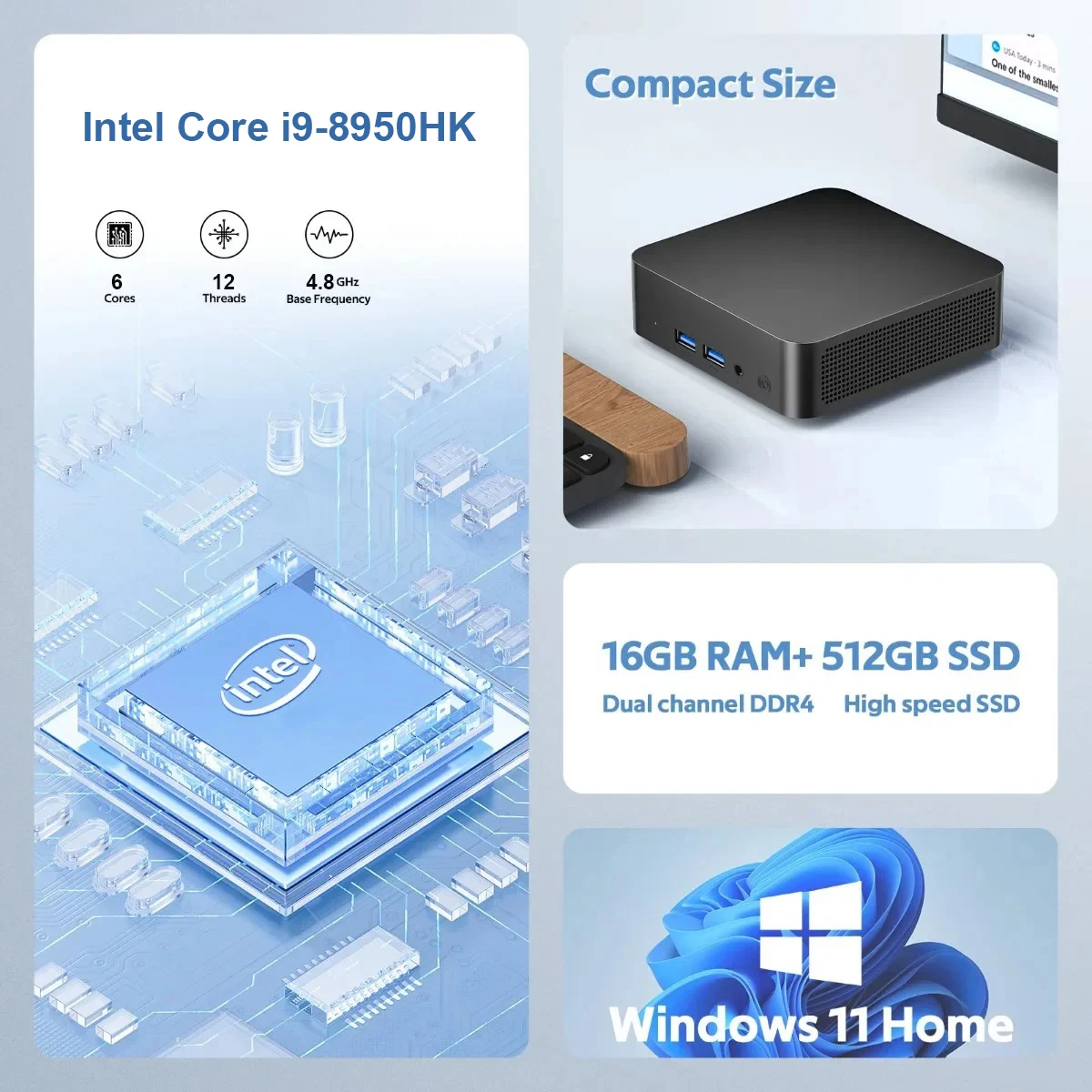NEW MINI PC Computer Intel Core i9 8950HK 16GB DDR4 + 1/2TB M.2 SSD Windows11 Mini Gaming Pc Desktop Computer Support 4K HD
