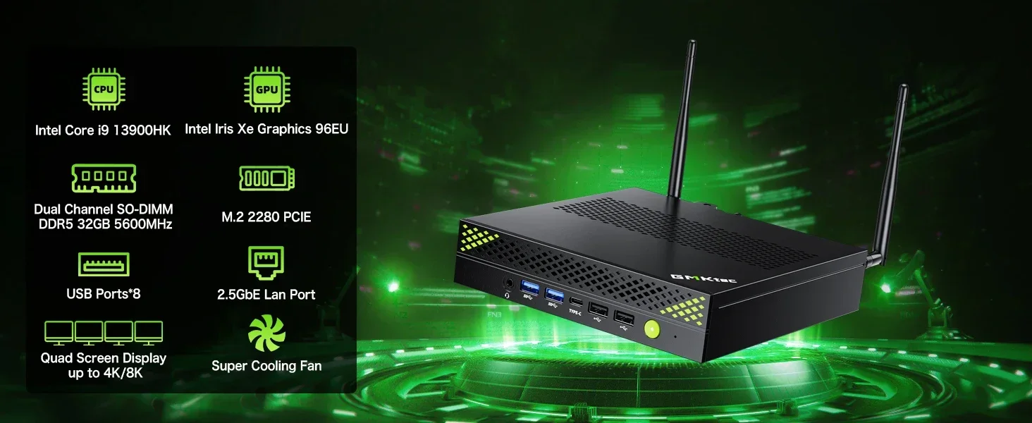 GMKtec K10 MINI PC 13th Core i9-13900HK Windows 11 Pro 2*DDR5 3*PCIE SSD WIFI6 BT5.2 2.5G Lan Desktop Mini PC Gaming Computer