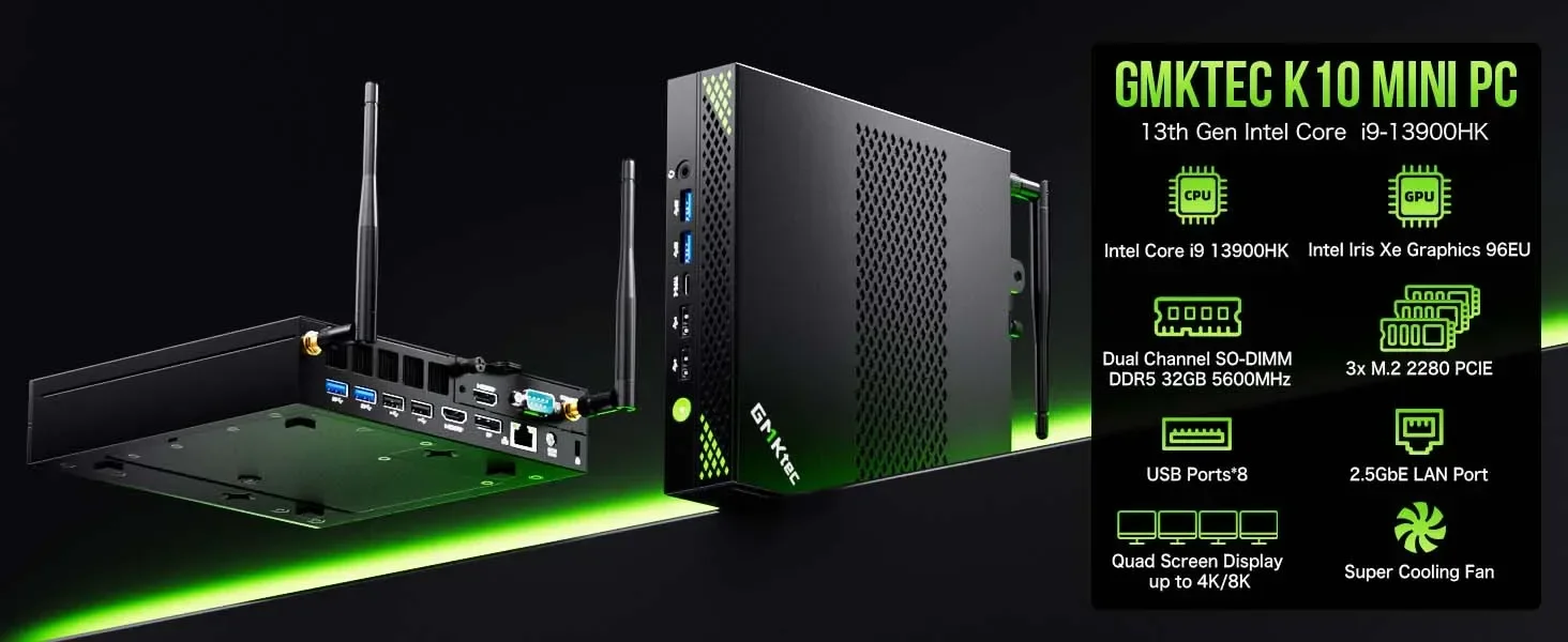 GMKtec K10 MINI PC 13th Core i9-13900HK Windows 11 Pro 2*DDR5 3*PCIE SSD WIFI6 BT5.2 2.5G Lan Desktop Mini PC Gaming Computer